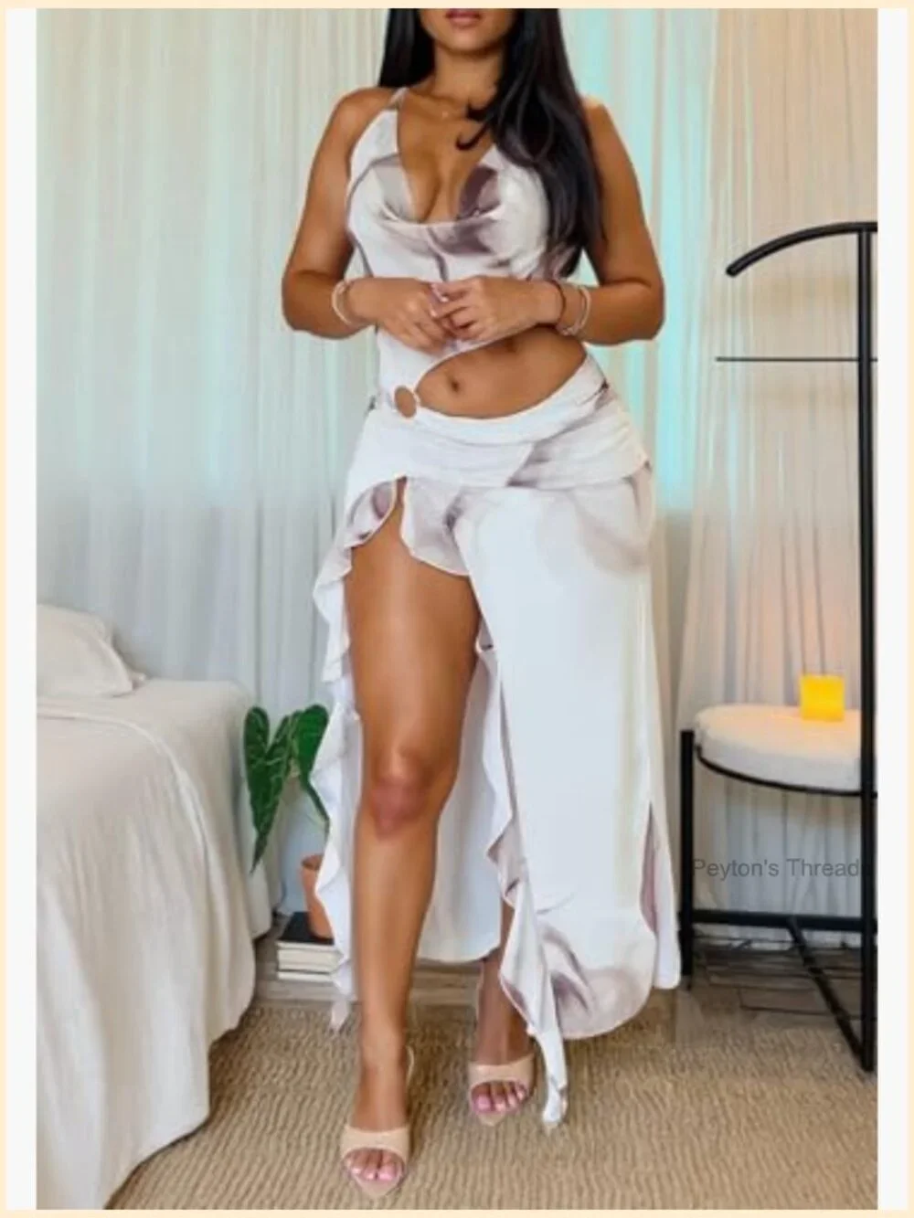 Sexy Bodycon Halter Dress Ruffle Cut Out Maxi - Picture 6 of 6